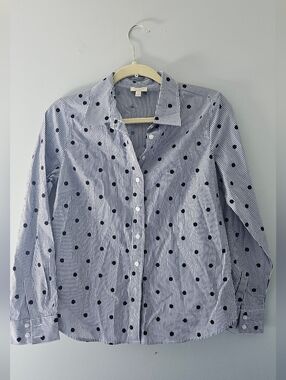 Talbots Blue and White Striped Button-Down with Navy Polka Dots